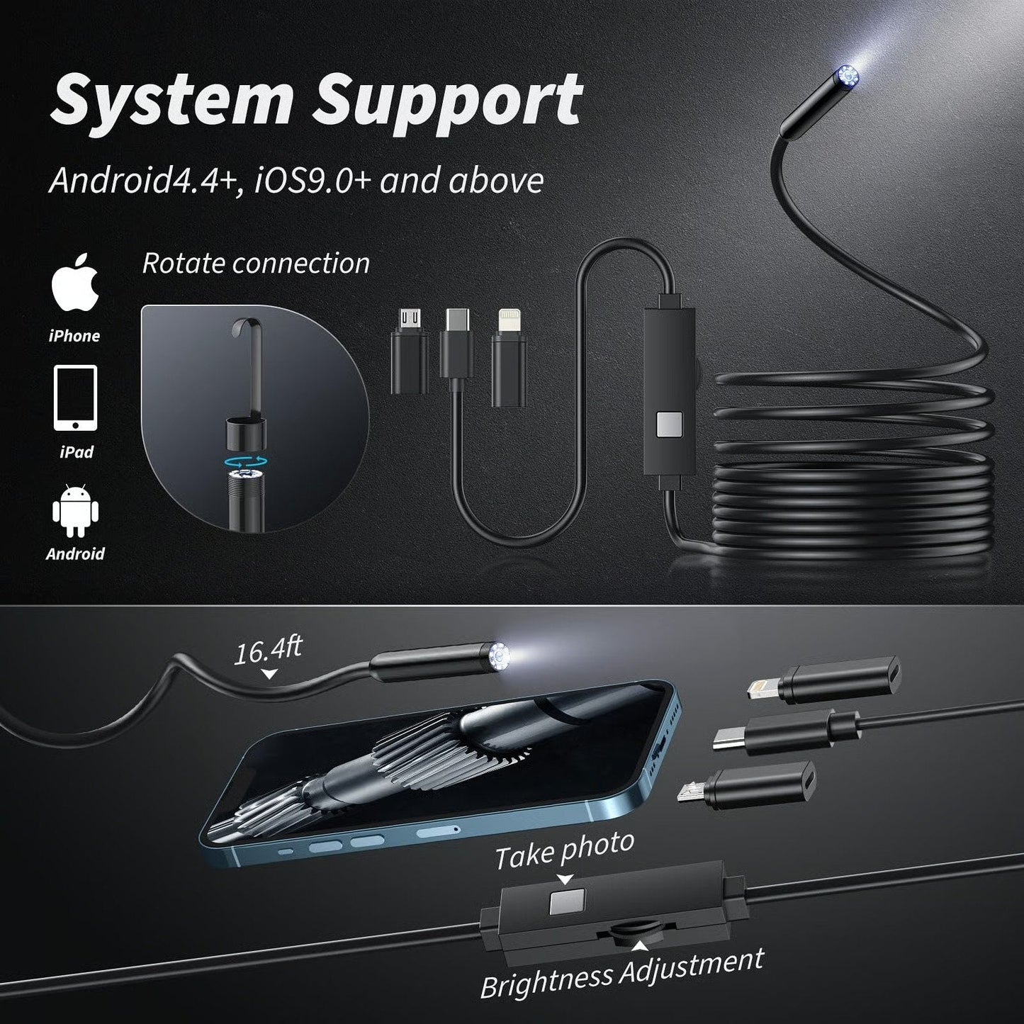 🔎 Plug-and-Play Endoscope Camera - Compatible with Android & iPhone & ipad for Direct Connection