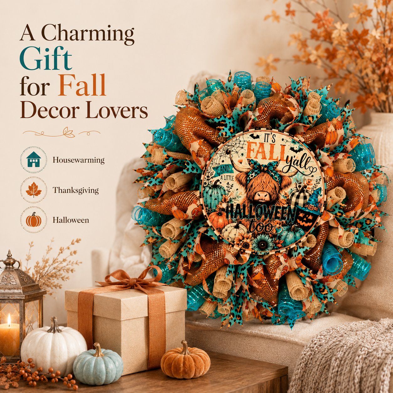 🐮🍂 Highland Cow Fall Halloween Wreath