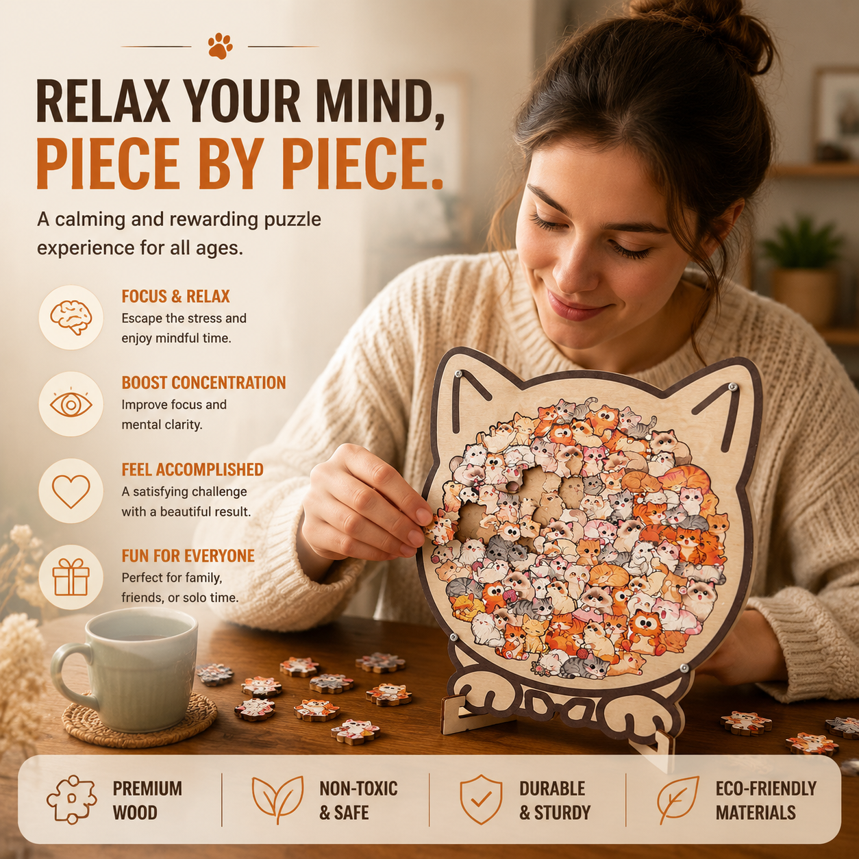 🐱 Cat Wooden Puzzle Decor – Relaxing Puzzle Gift For Cat Lovers