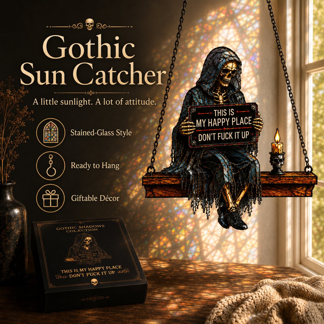 🌞Gothic Skeleton Sun Catcher💀 Handmade Stained Glass Spinner