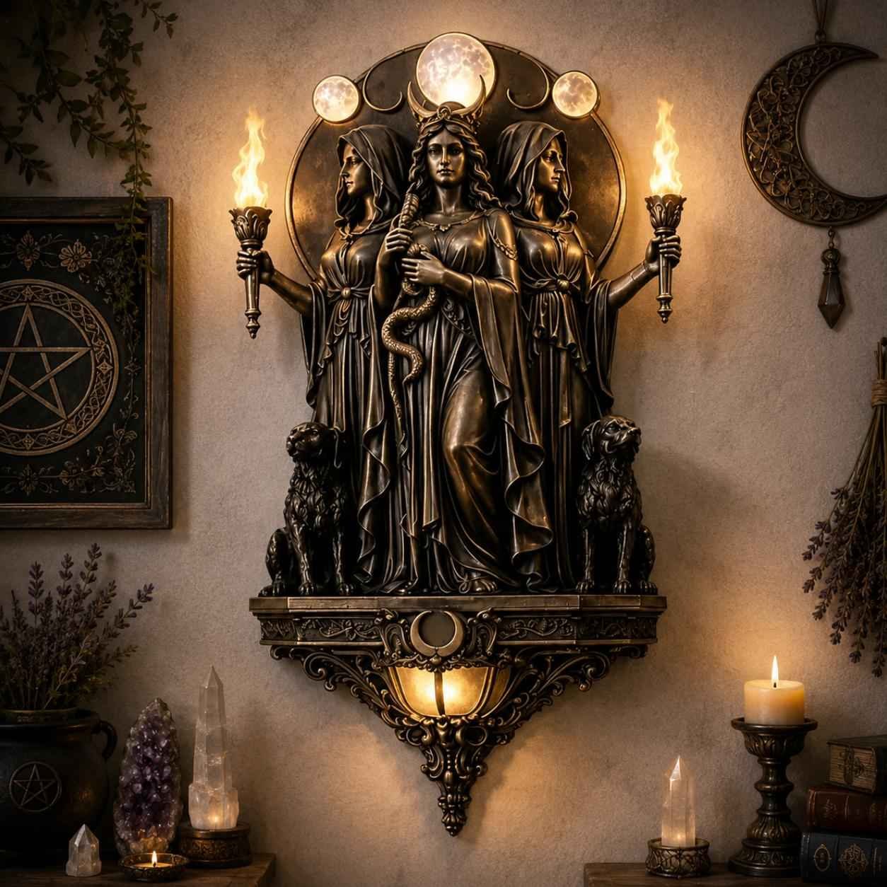 🔥Triple Goddess Hecate LED Wall Sconce – Wiccan Witchy Torch Wall Light