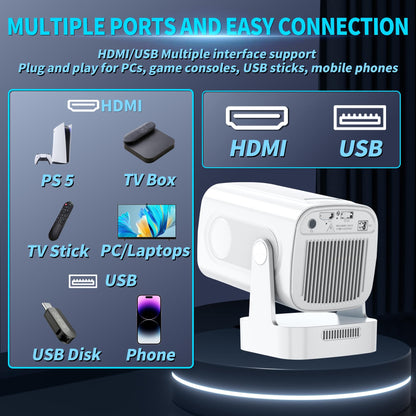 270° Rotatable Smart Mini Projector – Native 1080P, 4K Support & Auto Focus