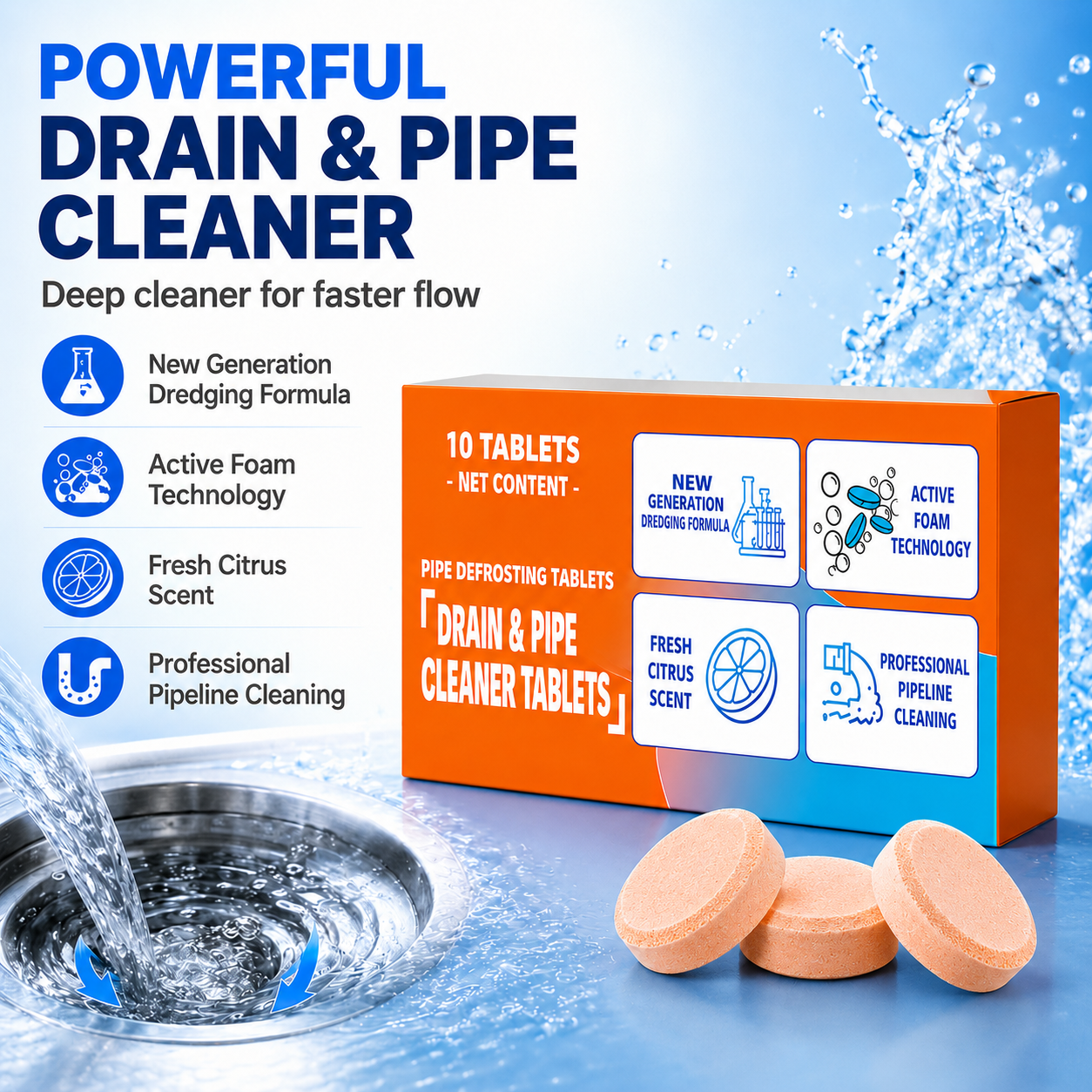💥Foaming Drain Cleaner Tablets — Active Oxygen, Non-Toxic | Unclogs & Freshens Every Drain in Your Home