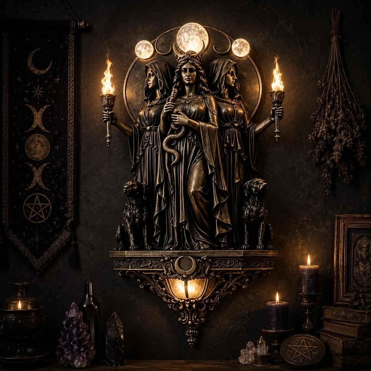 🔥Triple Goddess Hecate LED Wall Sconce – Wiccan Witchy Torch Wall Light