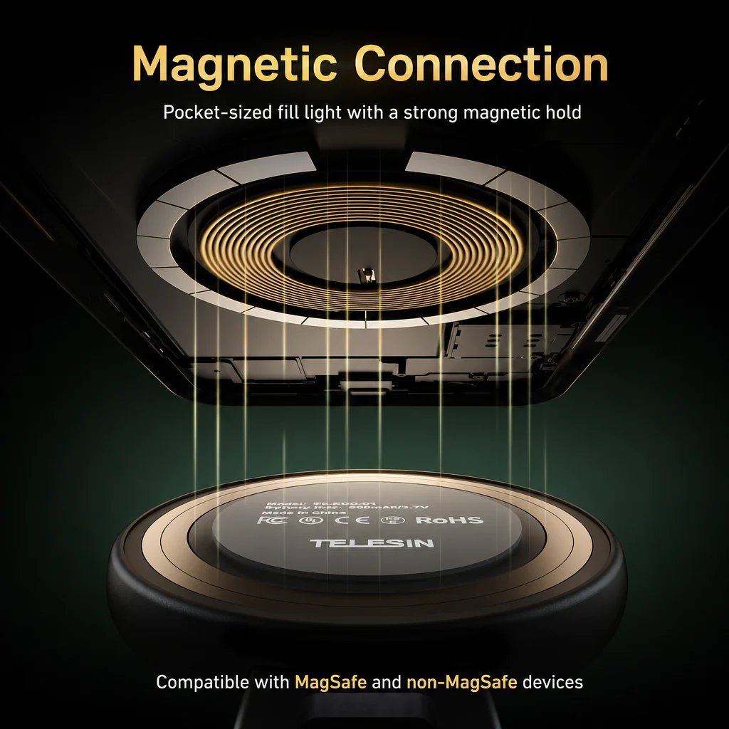 Magnetic Selfie Light for Phone with 5 CCT Settings and Mirror