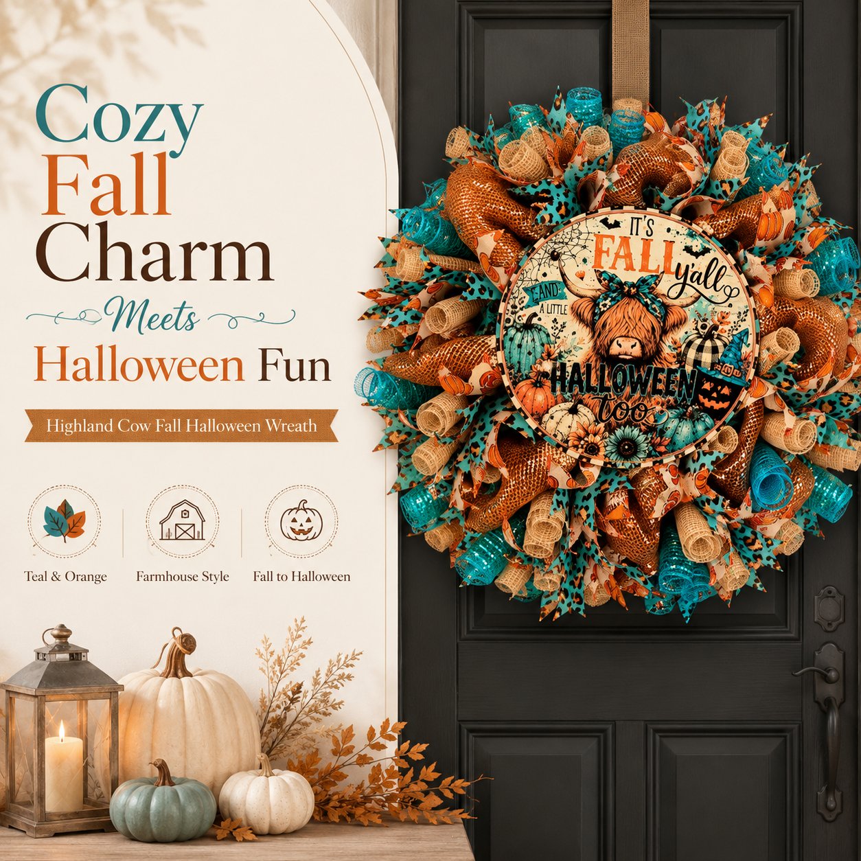 🐮🍂 Highland Cow Fall Halloween Wreath