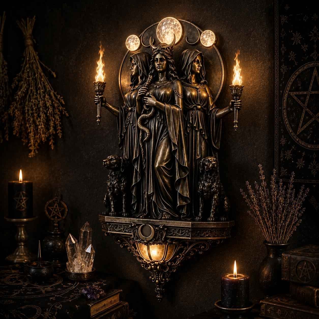 🔥Triple Goddess Hecate LED Wall Sconce – Wiccan Witchy Torch Wall Light