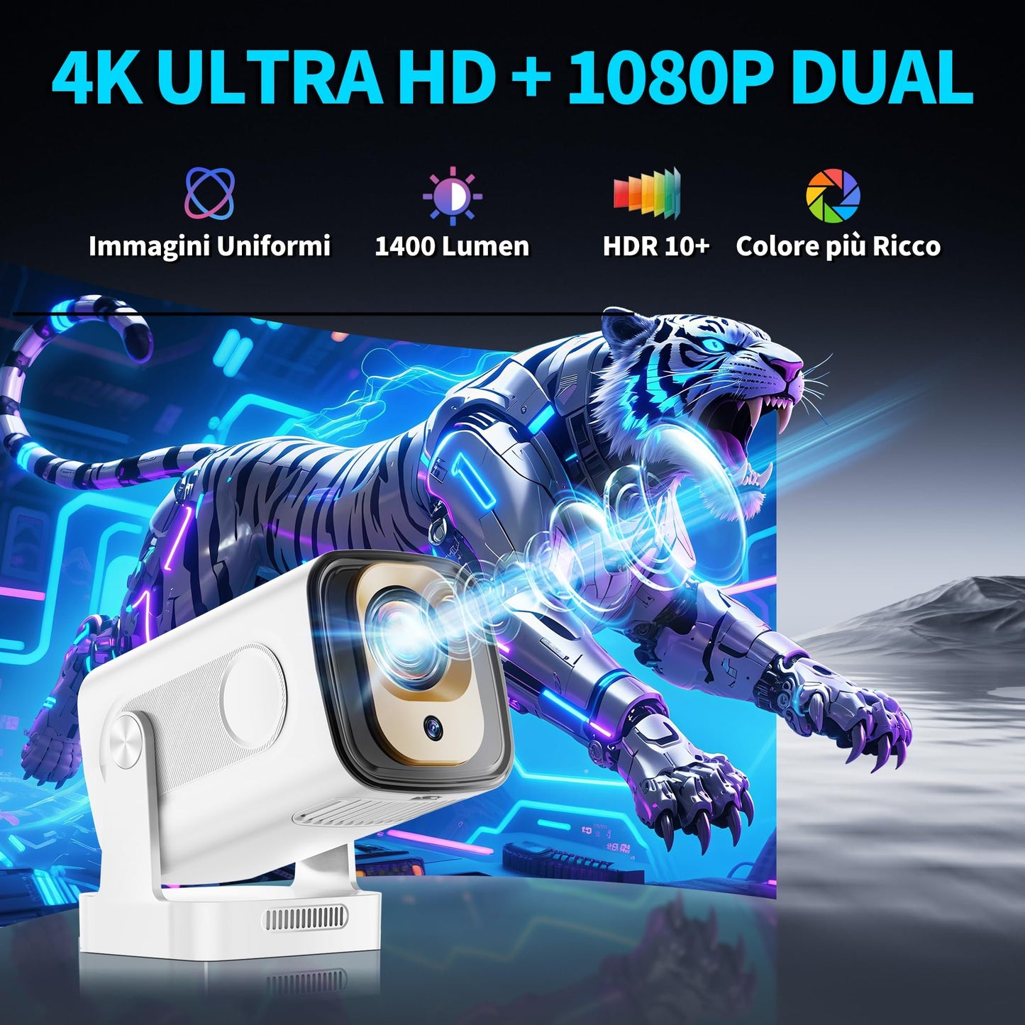 270° Rotatable Smart Mini Projector – Native 1080P, 4K Support & Auto Focus