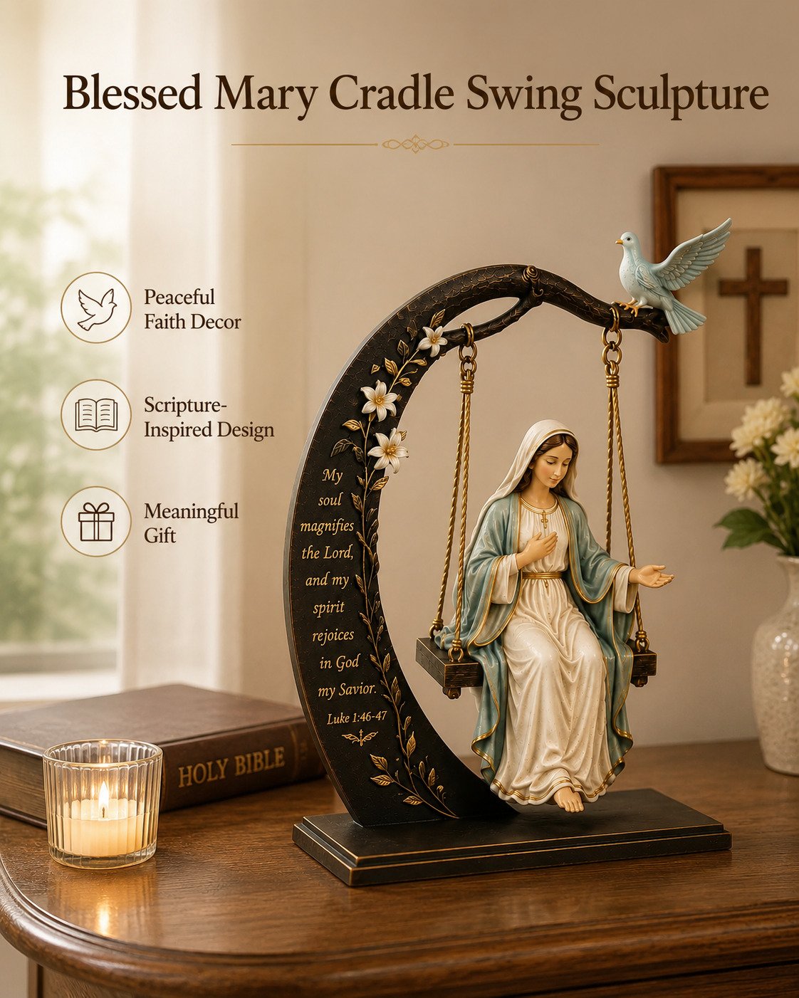✝️ Blessed Mary Cradle Swing Sculpture – Luke 1:46-47 Christian Faith Table Decor
