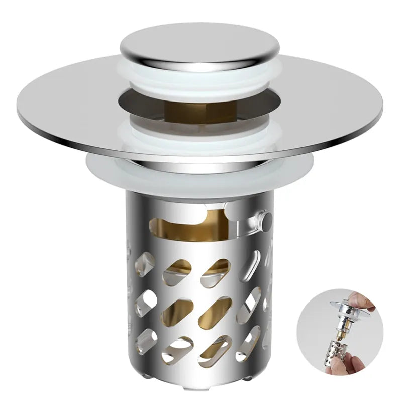✨ Upgraded 3-in-1 Pop Up Universal Bathroom Sink Drain Stopper - drain stopper + hair catcher + anti-clog filter
