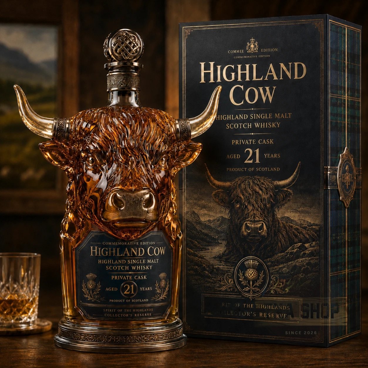 🎁Last Day 60% OFF🐮🥃Highland Cow Private Cask 21 Years Cow Head Shaped Scotch Whisky Bottle