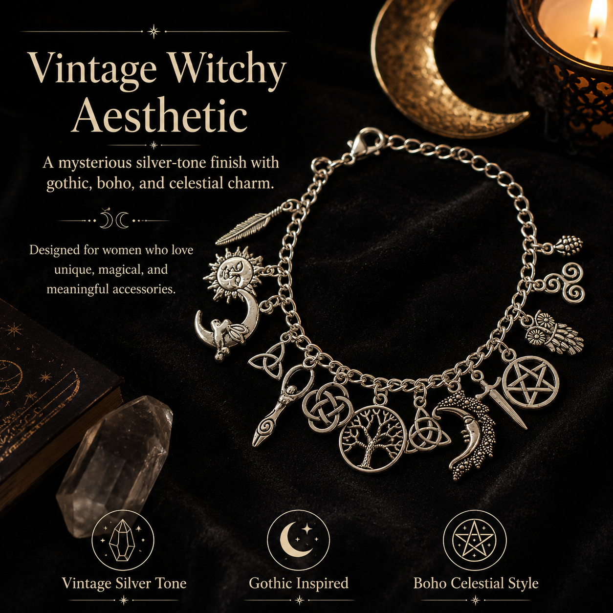 🔥HOT SALE 49% OFF🔥Vintage Witchy Charm Bracelet | Celestial Gothic Boho Jewelry