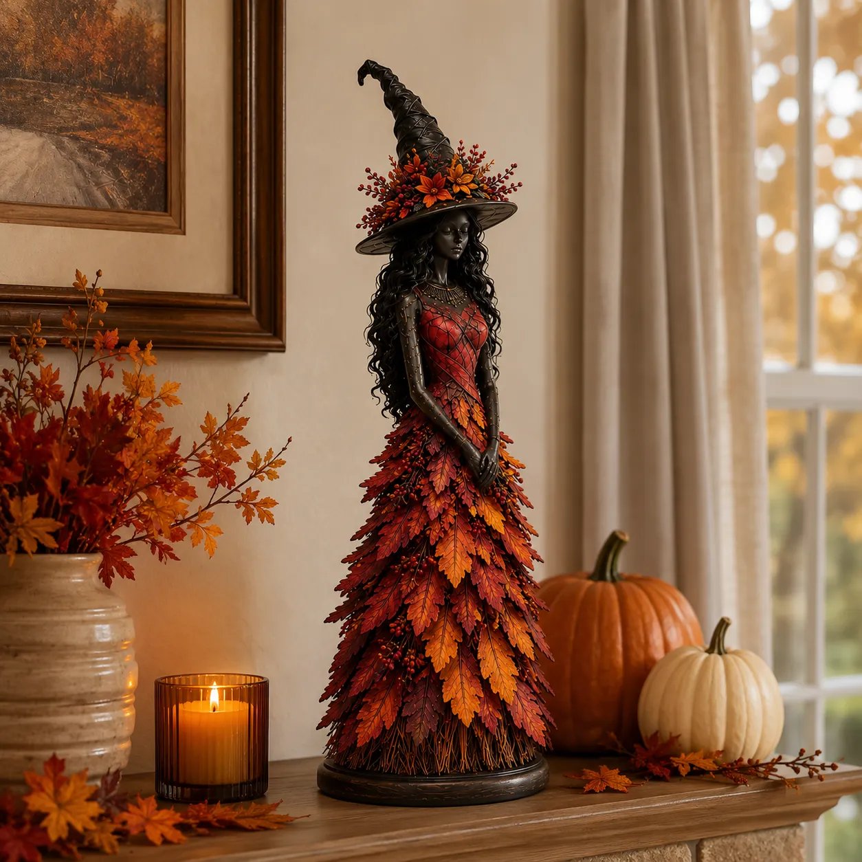 🧙 Enchanted Autumn Witch Figurine – Halloween Leaf Dress Tabletop Ornament for Mantel, Shelf & Cosy Seasonal Decor