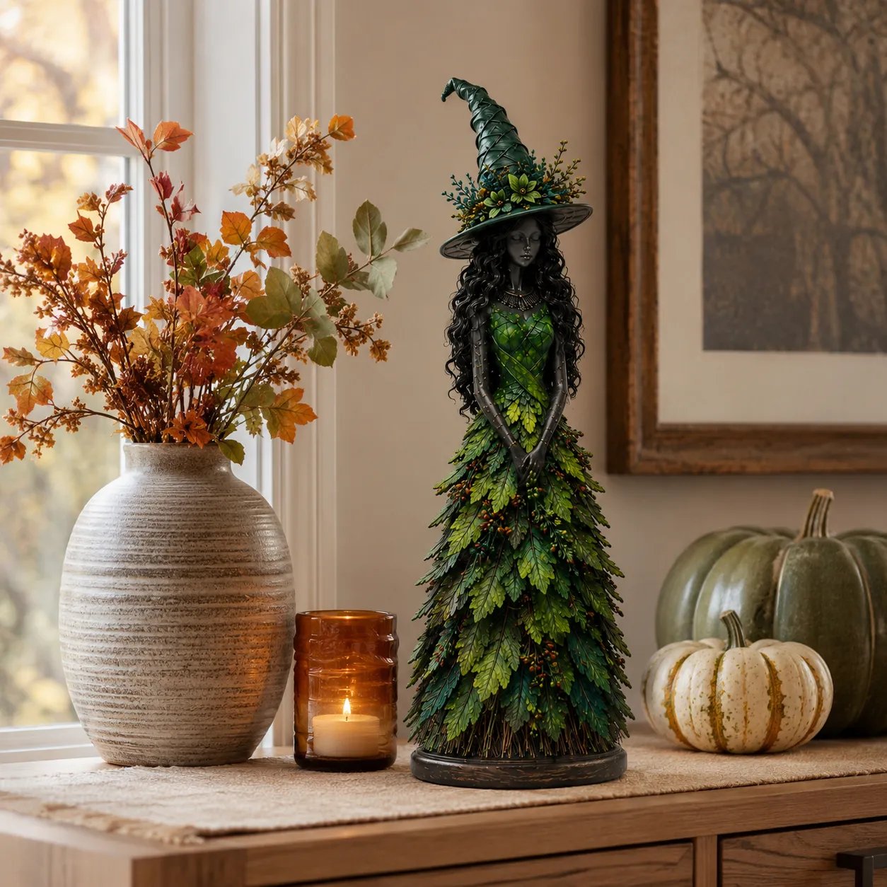 🧙 Enchanted Autumn Witch Figurine – Halloween Leaf Dress Tabletop Ornament for Mantel, Shelf & Cosy Seasonal Decor