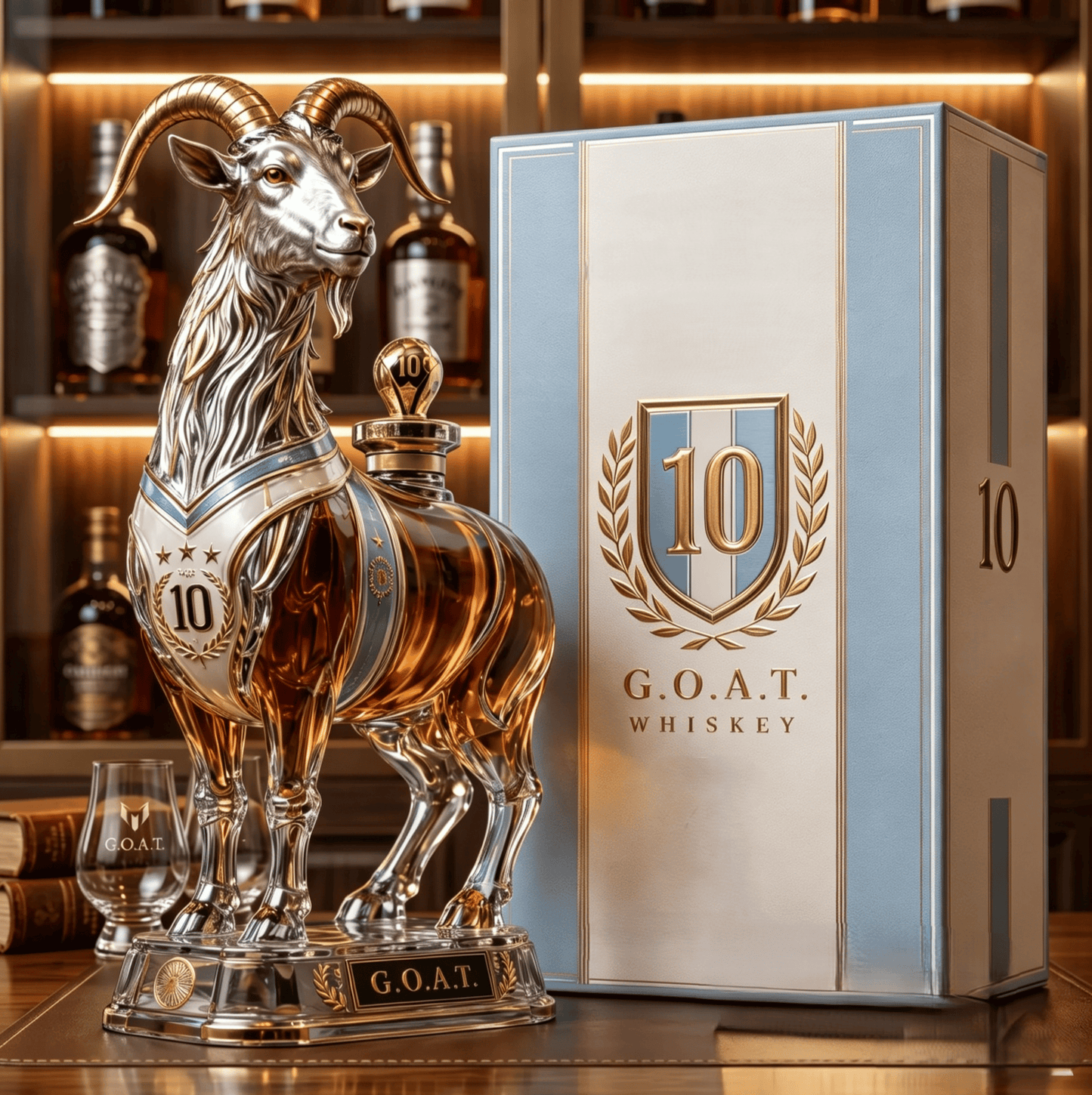 Number 10 Champion Goat Sculpted Crystal Whiskey Decanter Deluxe Gift Box, Iconic Football Legend Tribute Liquor Collectible