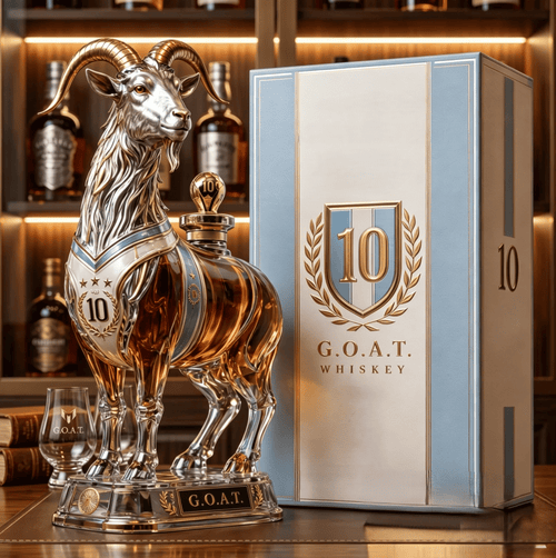 Number 10 Champion Goat Sculpted Crystal Whiskey Decanter Deluxe Gift Box, Iconic Football Legend Tribute Liquor Collectible