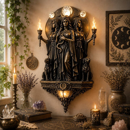 🔥Triple Goddess Hecate LED Wall Sconce – Wiccan Witchy Torch Wall Light