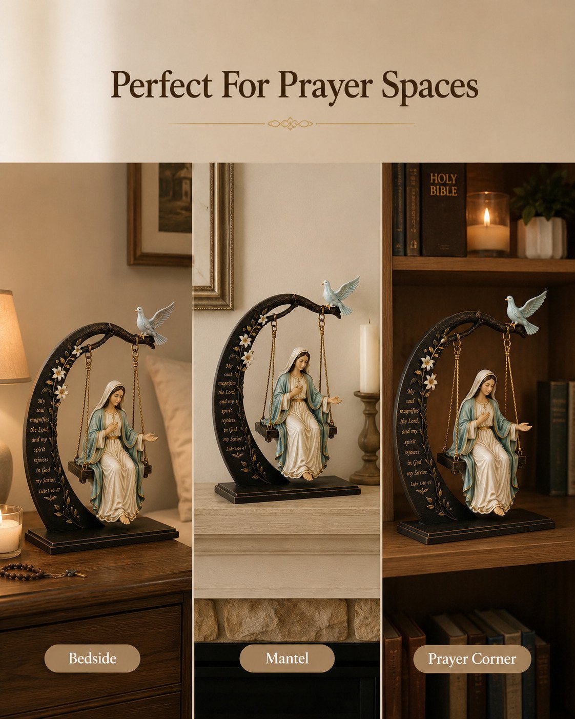 ✝️ Blessed Mary Cradle Swing Sculpture – Luke 1:46-47 Christian Faith Table Decor