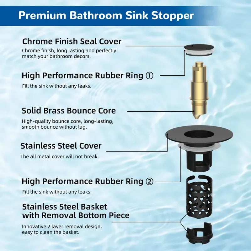 ✨ Upgraded 3-in-1 Pop Up Universal Bathroom Sink Drain Stopper - drain stopper + hair catcher + anti-clog filter