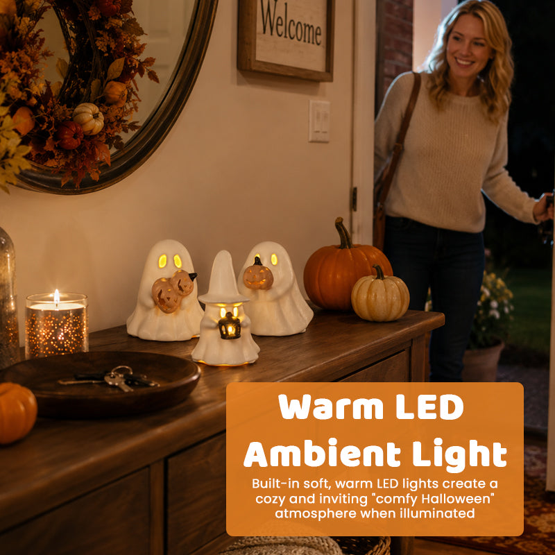 Luminous Ghost Ornament Set – Cute LED Halloween Tabletop Decor for Mantel, Shelf & Tiered Tray