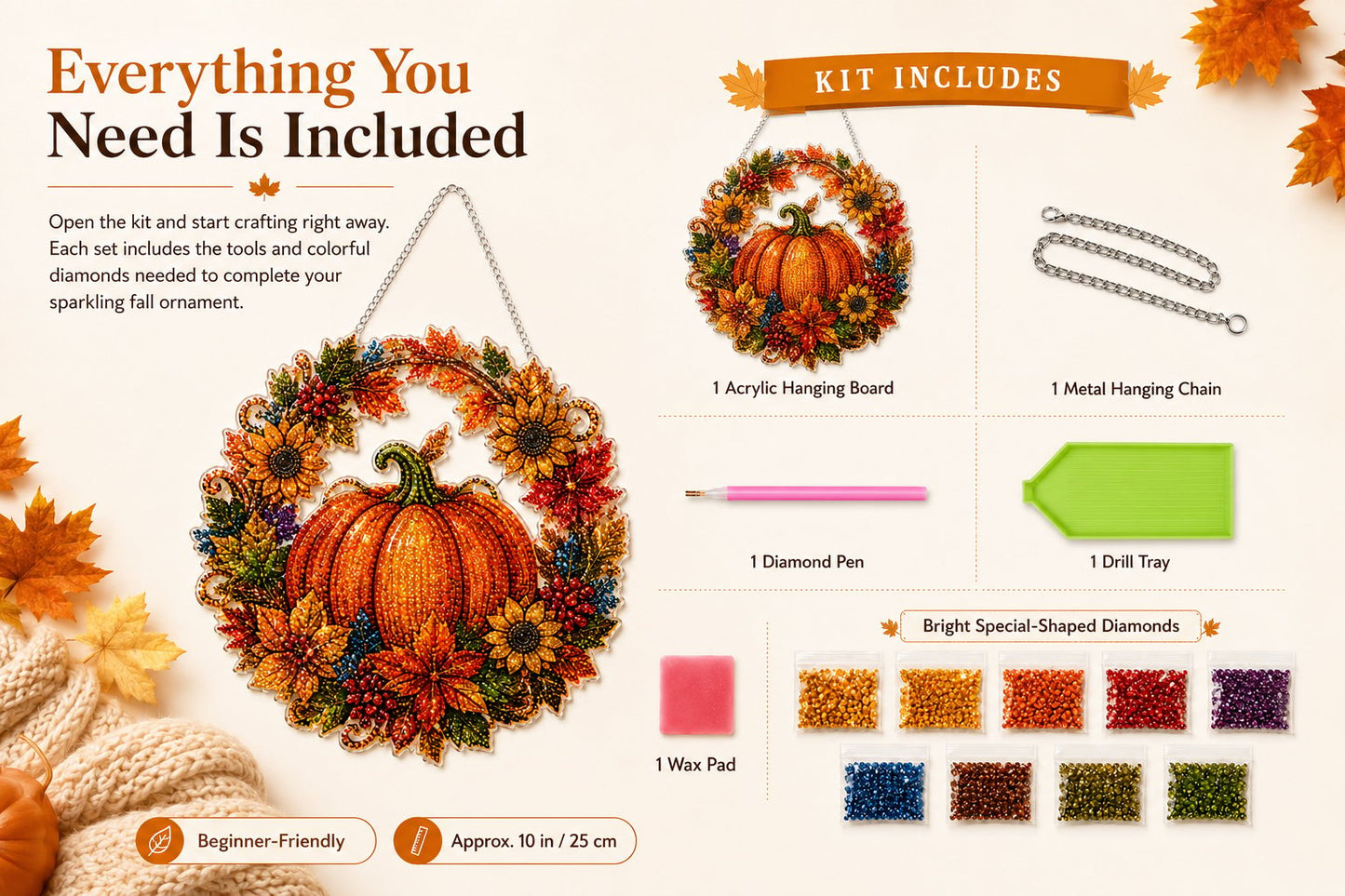 🔥Last Day 50% OFF - 🍂✨Autumn Harvest Pumpkin Diamond Art Hanging Ornament Kit