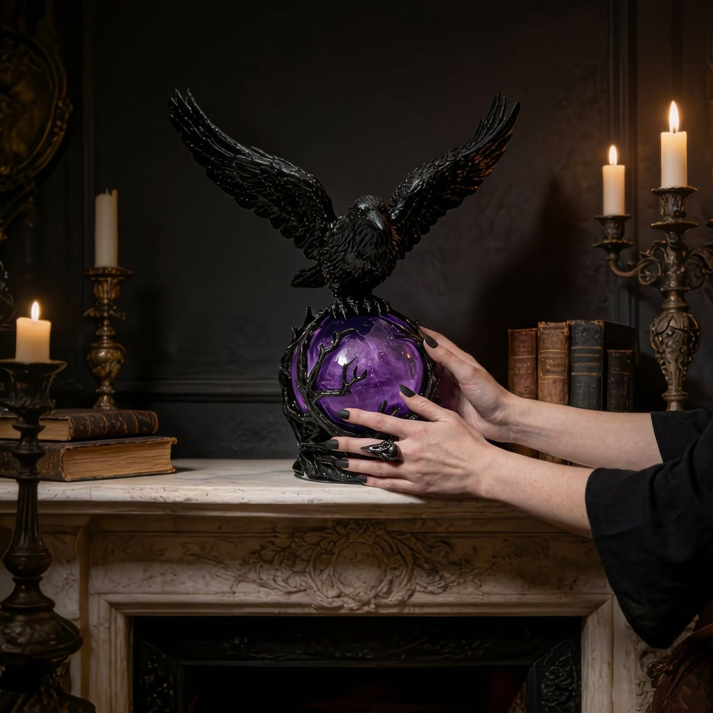 🖤 Mystical Raven Orb Lamp – Gothic Table Light for Home Decor