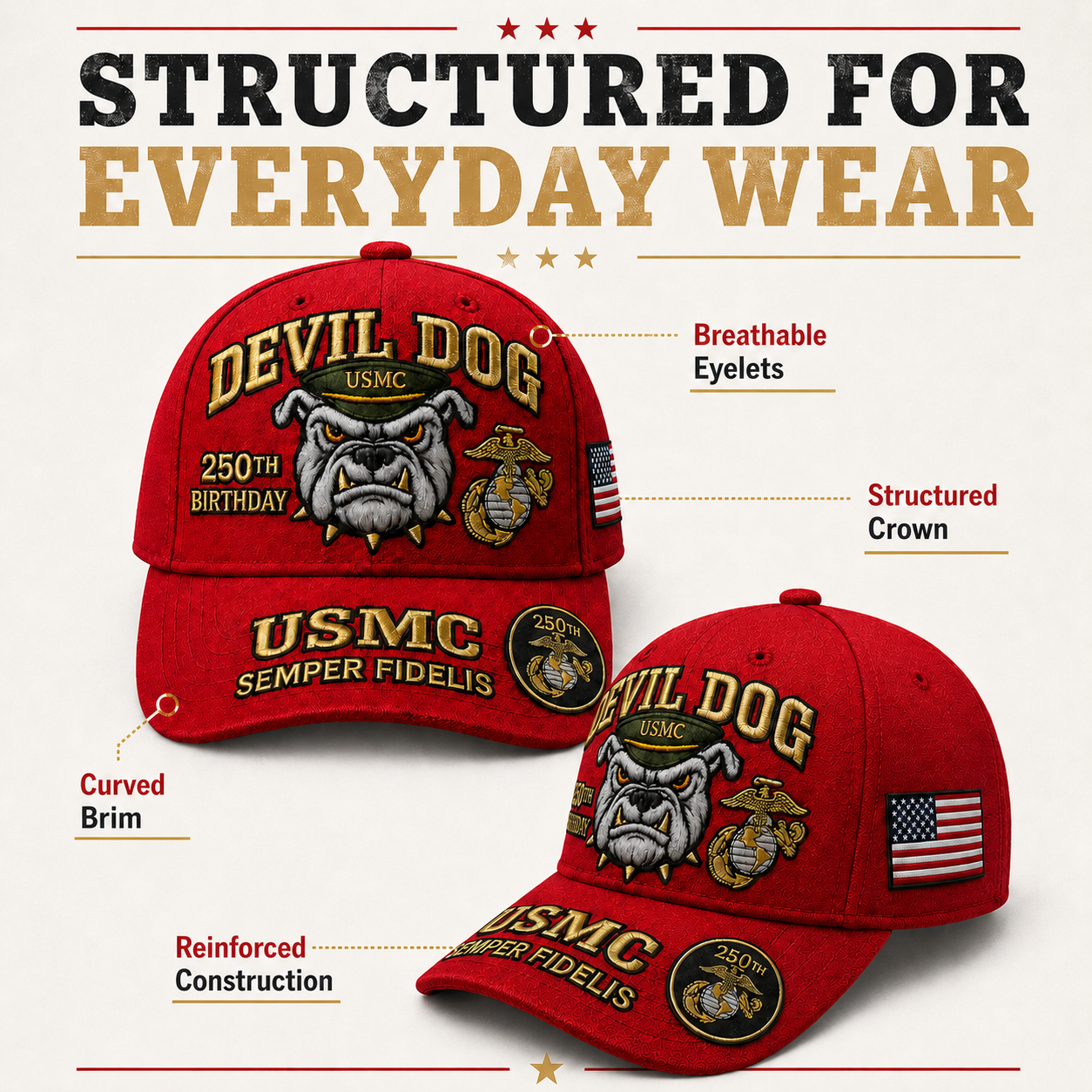 🔥 Father’s Day Sale - ❤️Handmade Devil Dog USMC 250th Birthday Commemorative Cap 🇺🇸