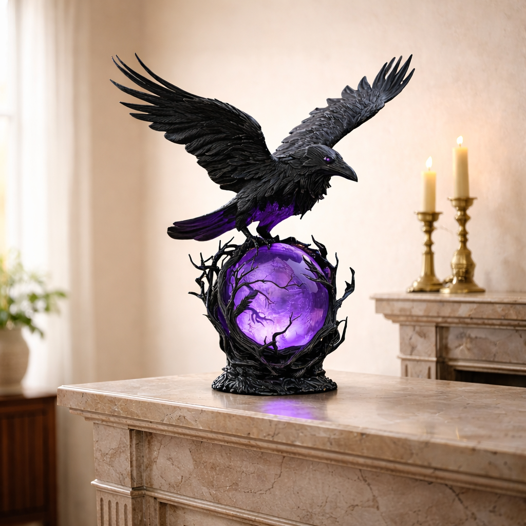 🖤 Mystical Raven Orb Lamp – Gothic Table Light for Home Decor