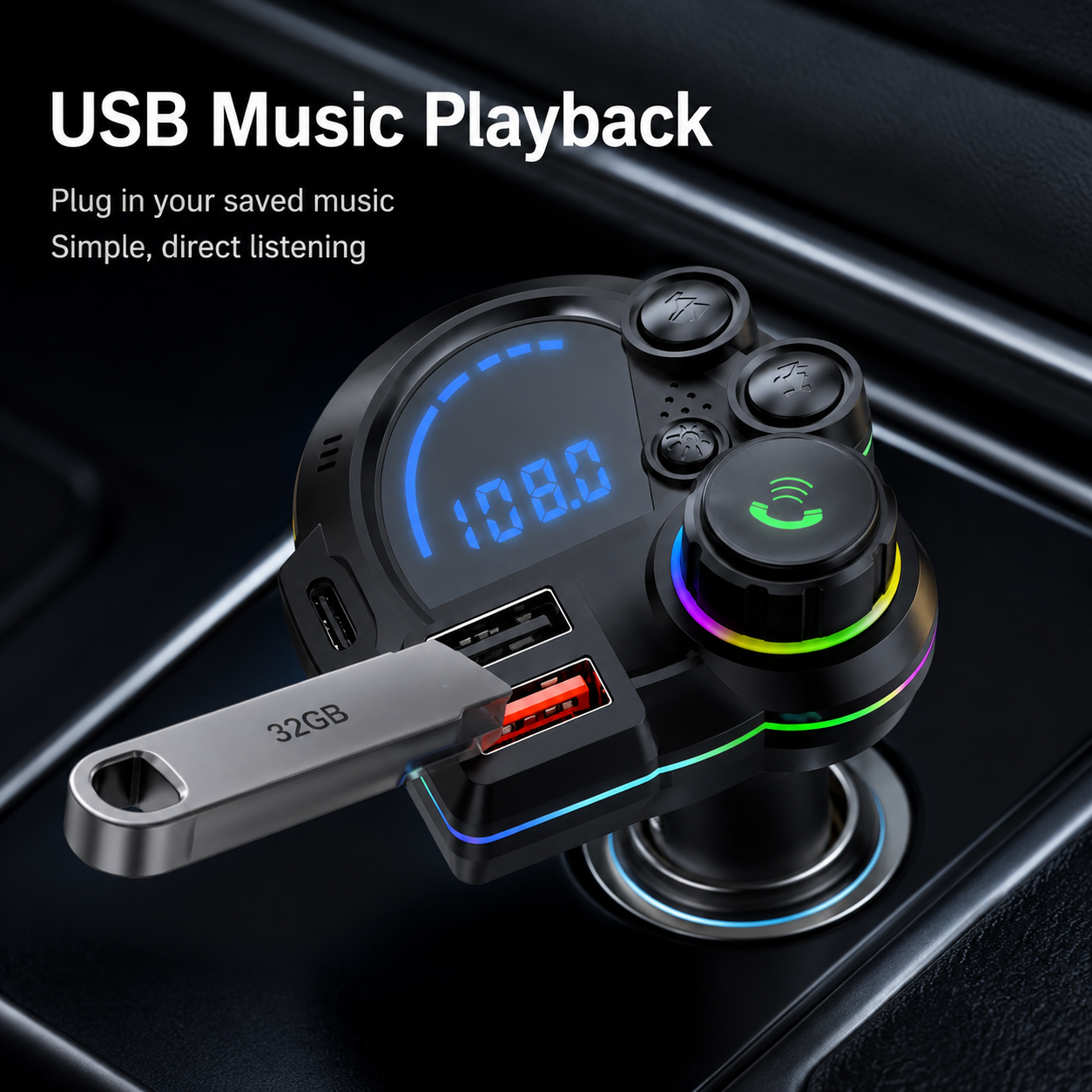PD 30W Type-C Car Charger & Bluetooth 5.3 FM Transmitter Wireless MP3 Player with Dual USB Ports, Bass Sound Enhancer