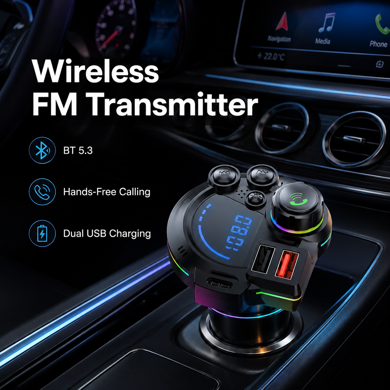 PD 30W Type-C Car Charger & Bluetooth 5.3 FM Transmitter Wireless MP3 Player with Dual USB Ports, Bass Sound Enhancer