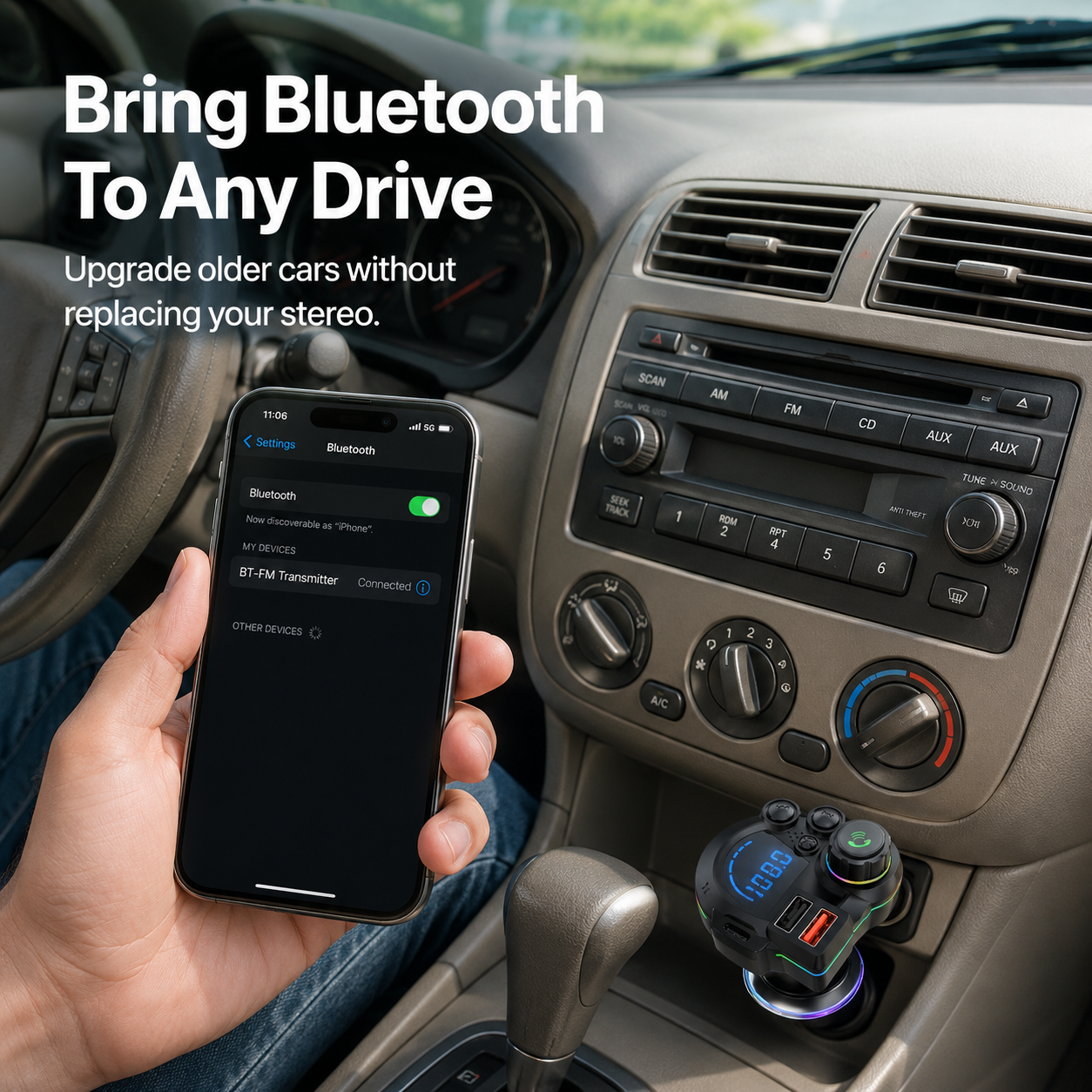 PD 30W Type-C Car Charger & Bluetooth 5.3 FM Transmitter Wireless MP3 Player with Dual USB Ports, Bass Sound Enhancer