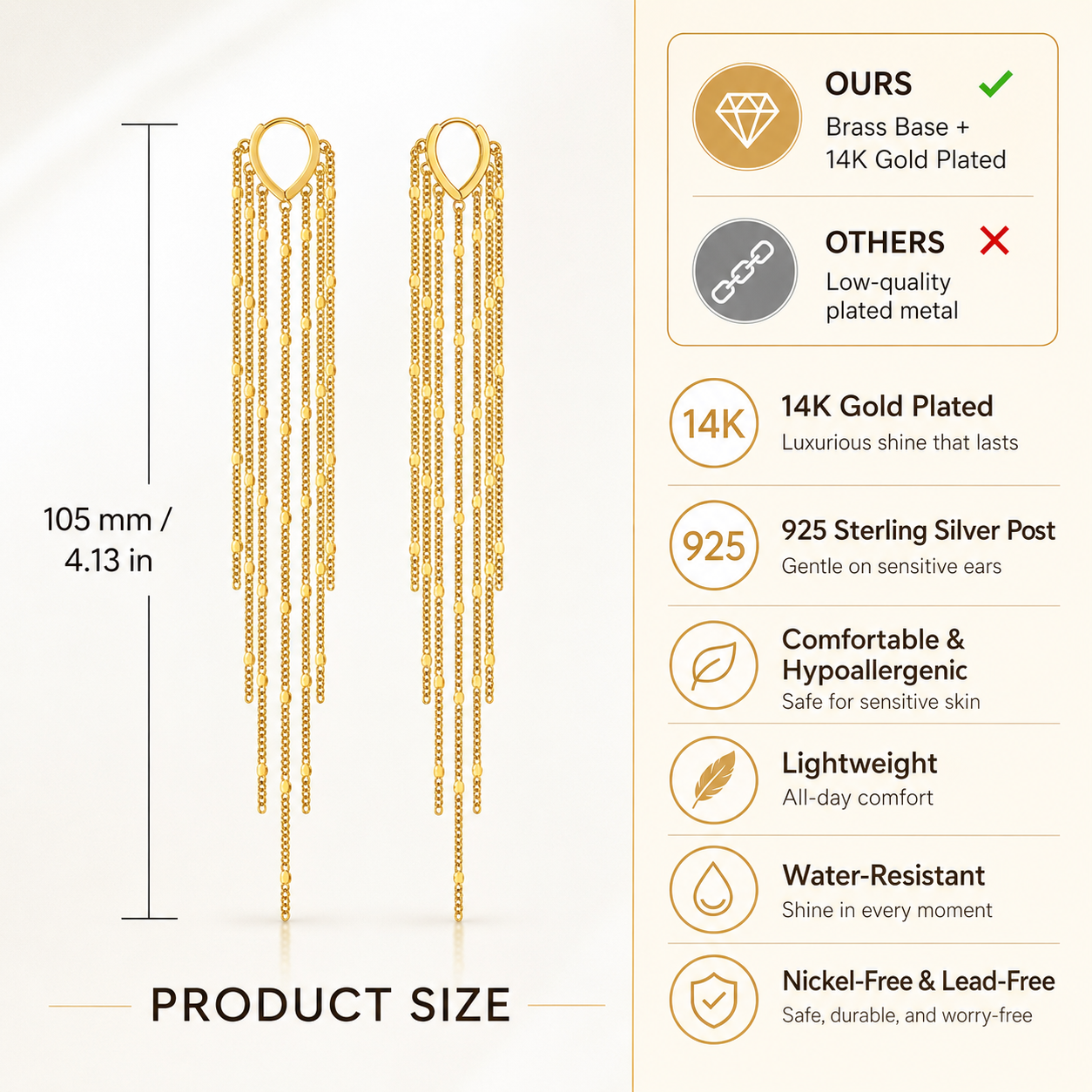 🔥Limited Time 50% Off✨14K Gold Plated Long Tassel Earrings for Women