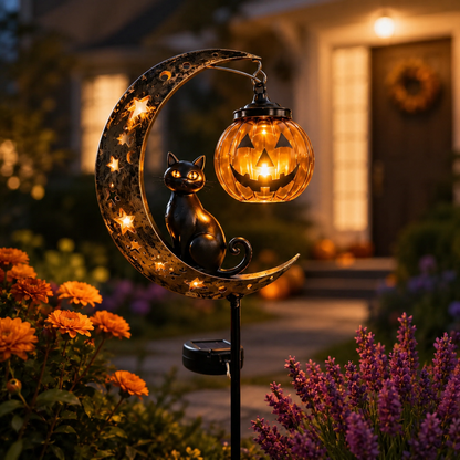 Solar Halloween Black Cat & Pumpkin Moon Garden Stake Light
