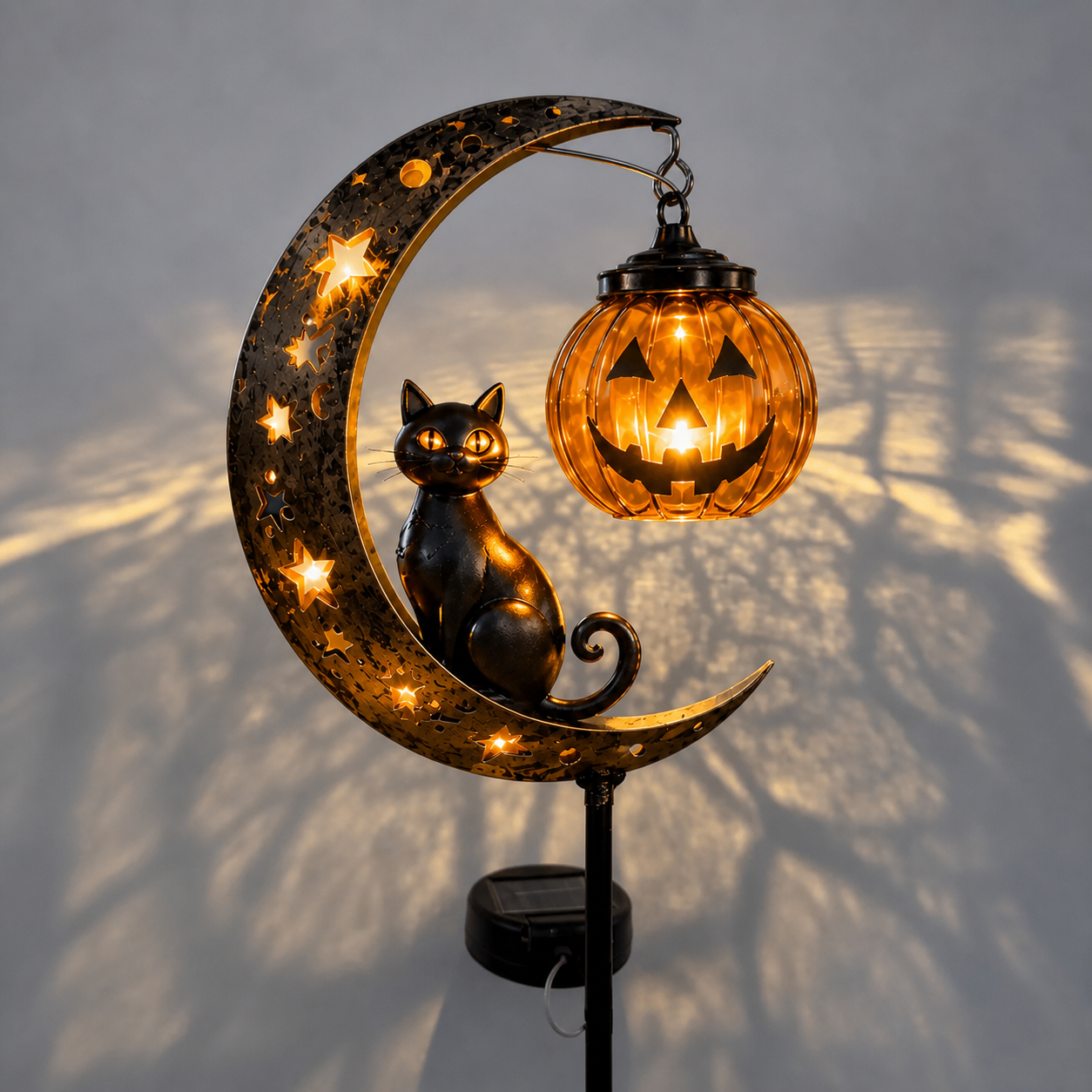 Solar Halloween Black Cat & Pumpkin Moon Garden Stake Light