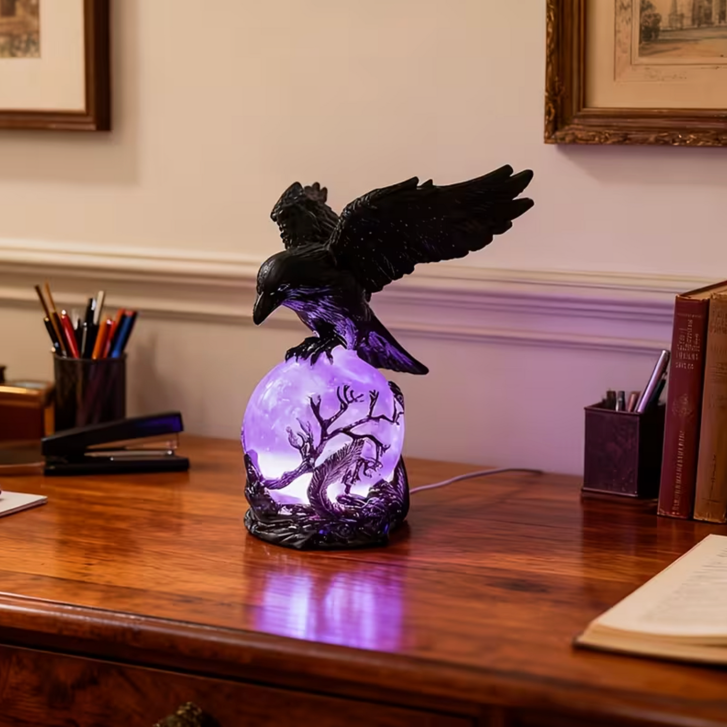 🖤 Mystical Raven Orb Lamp – Gothic Table Light for Home Decor