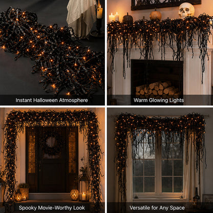 🎃Halloween Fireplace Decor Set with LED Lights – Black Vine Garland for Mantel, Door Frame, Window & Spooky Party Decor👻