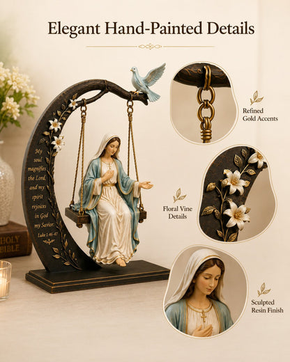 ✝️ Blessed Mary Cradle Swing Sculpture – Luke 1:46-47 Christian Faith Table Decor