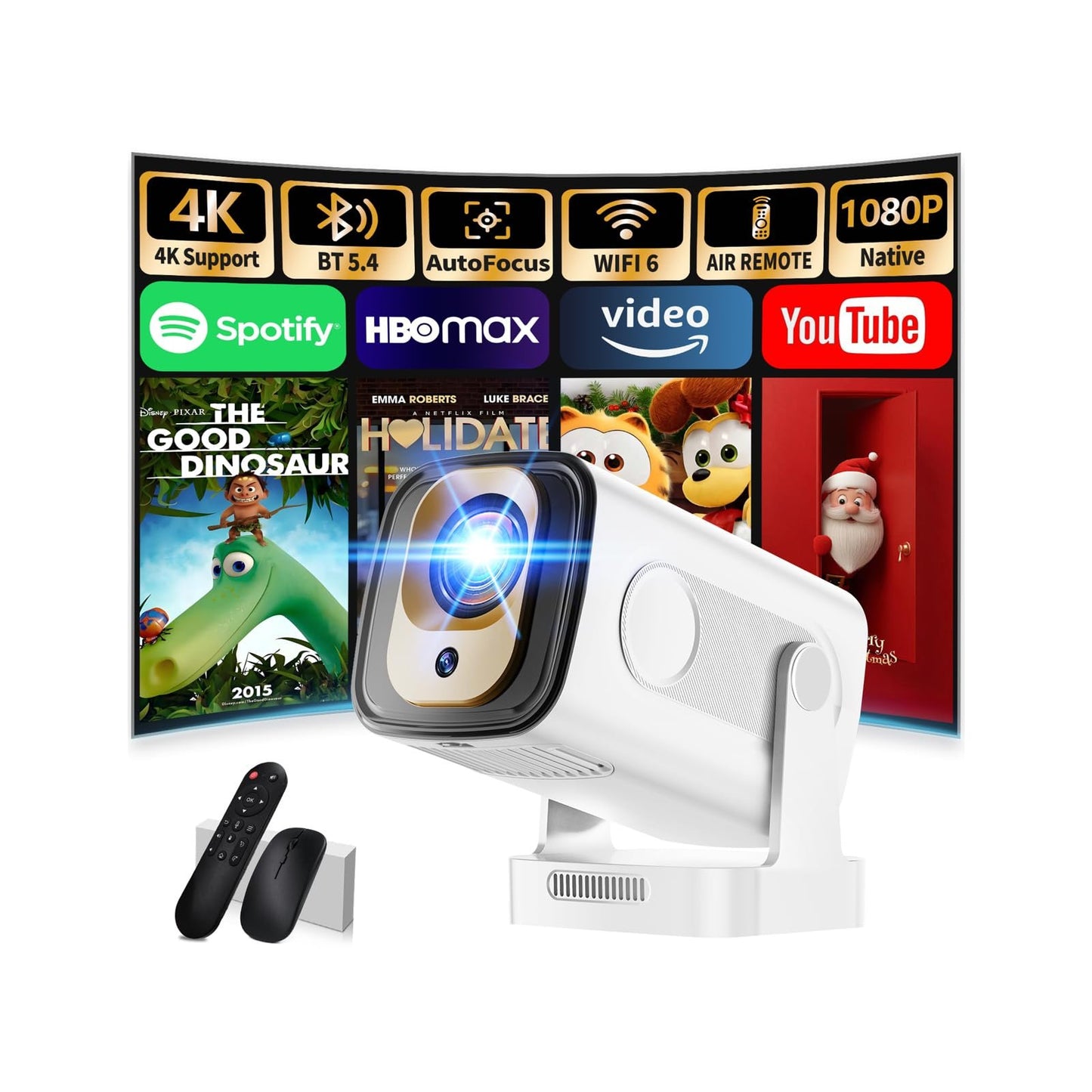 270° Rotatable Smart Mini Projector – Native 1080P, 4K Support & Auto Focus