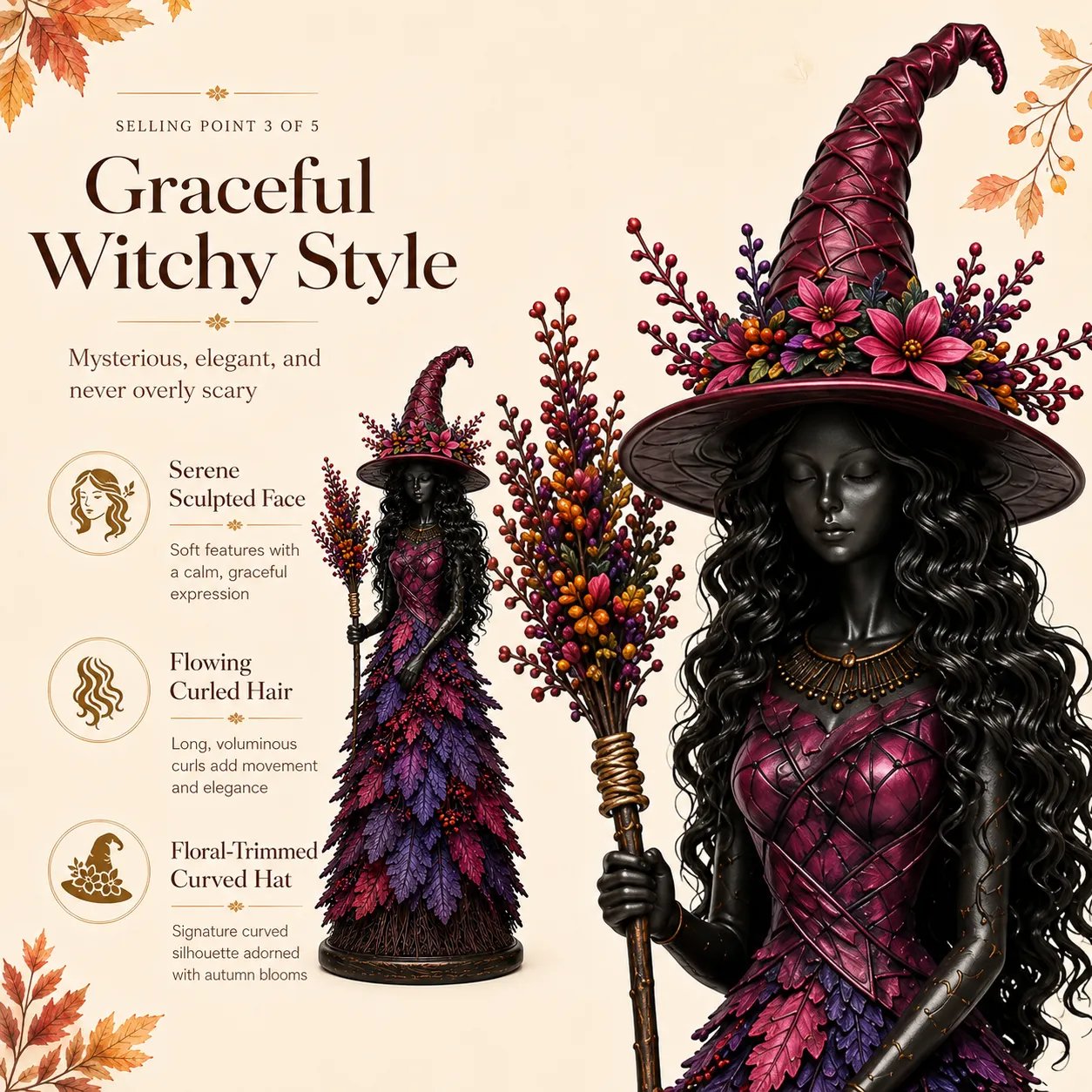 🧙 Enchanted Autumn Witch Figurine – Halloween Leaf Dress Tabletop Ornament for Mantel, Shelf & Cosy Seasonal Decor