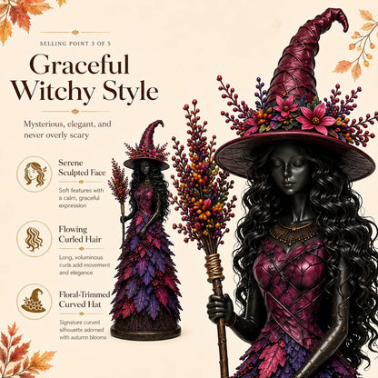 🧙 Enchanted Autumn Witch Figurine – Halloween Leaf Dress Tabletop Ornament for Mantel, Shelf & Cosy Seasonal Decor