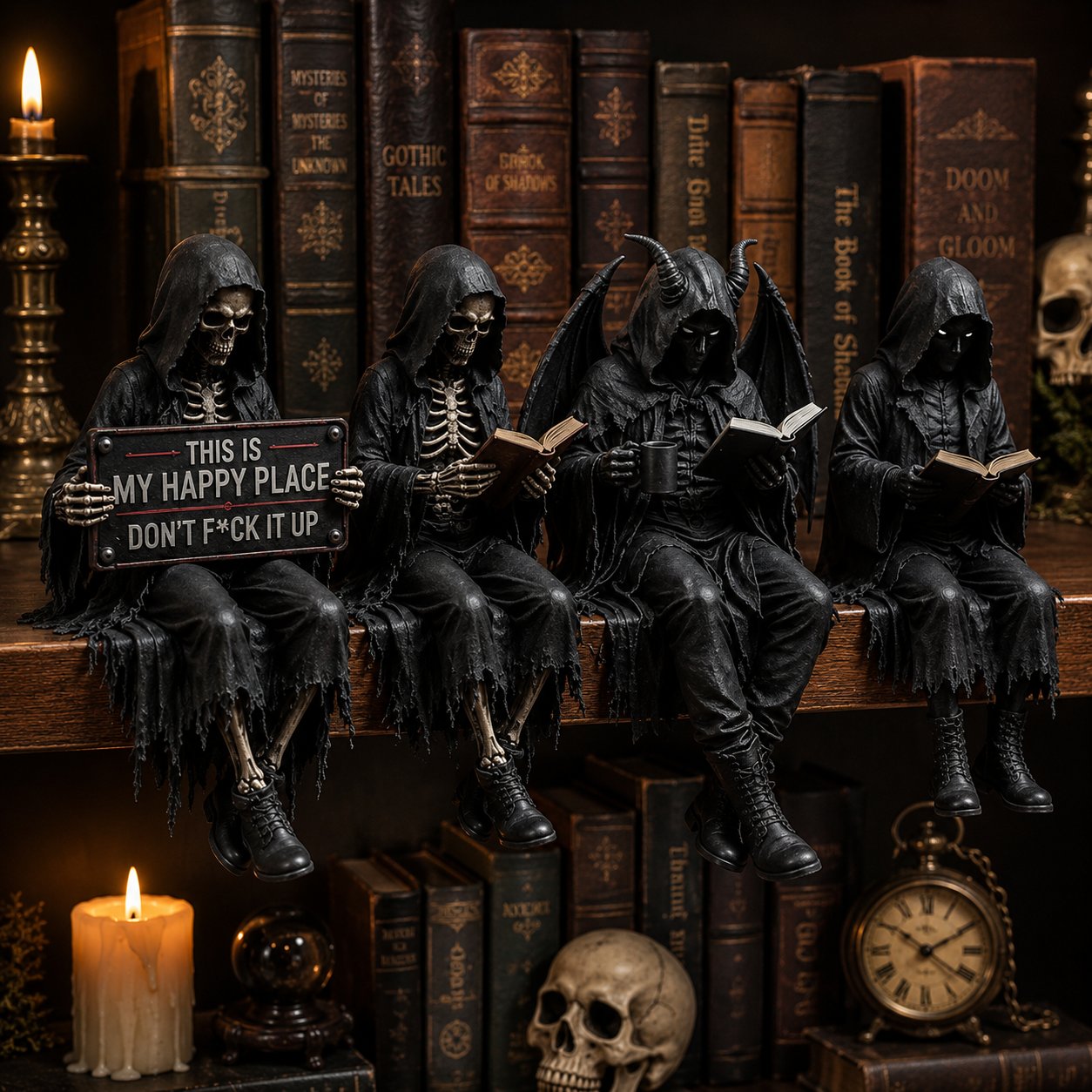 🔥LAST DAY 60% OFF - 💀🖤 Gothic Reading Guardians – Skeleton & Demon Shelf Sitter Figurines🔥