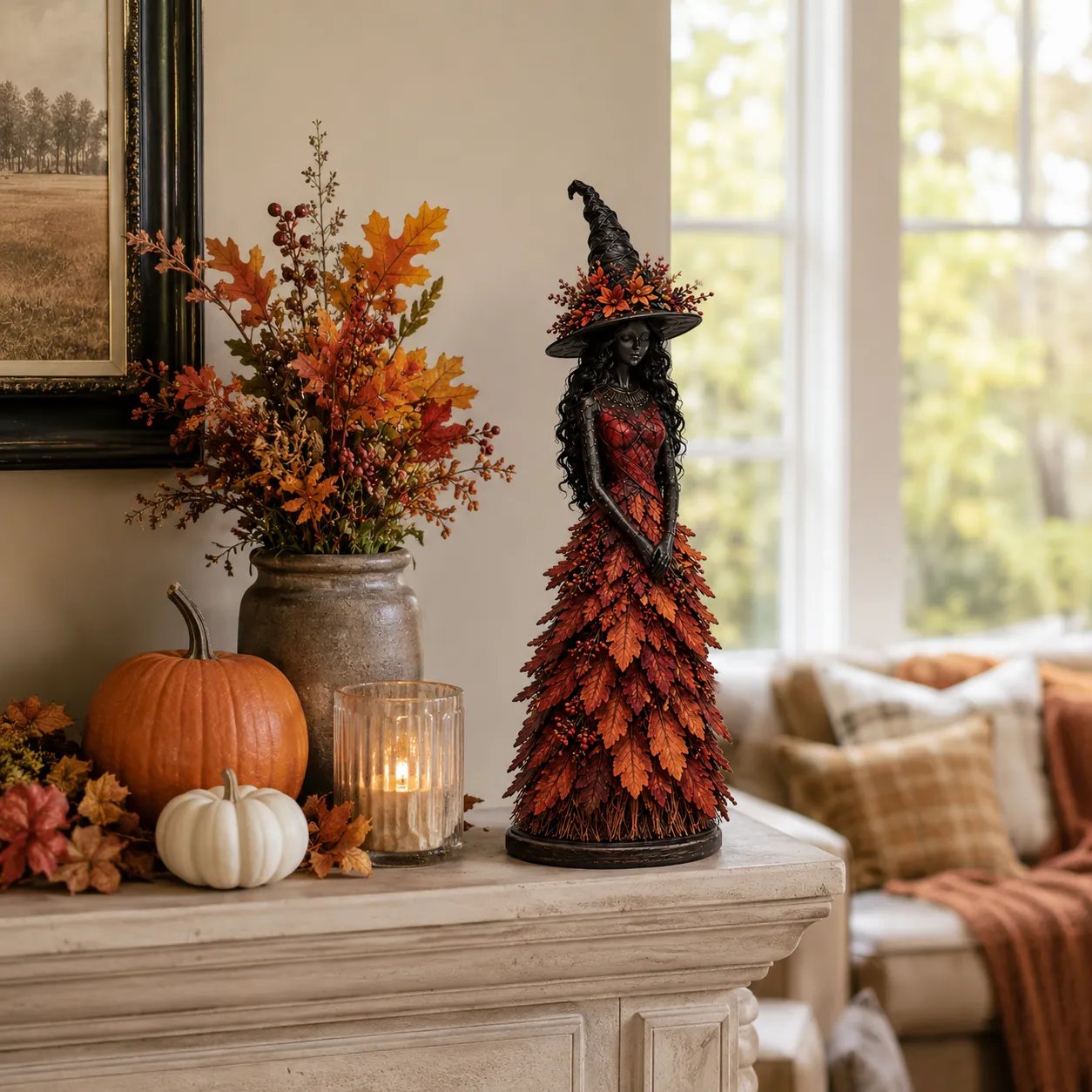 🧙 Enchanted Autumn Witch Figurine – Halloween Leaf Dress Tabletop Ornament for Mantel, Shelf & Cosy Seasonal Decor