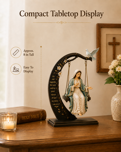 ✝️ Blessed Mary Cradle Swing Sculpture – Luke 1:46-47 Christian Faith Table Decor