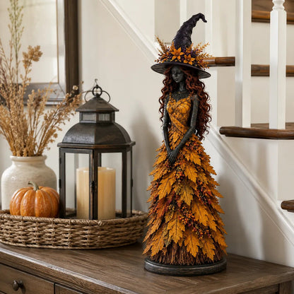 🧙 Enchanted Autumn Witch Figurine – Halloween Leaf Dress Tabletop Ornament for Mantel, Shelf & Cosy Seasonal Decor