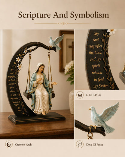 ✝️ Blessed Mary Cradle Swing Sculpture – Luke 1:46-47 Christian Faith Table Decor