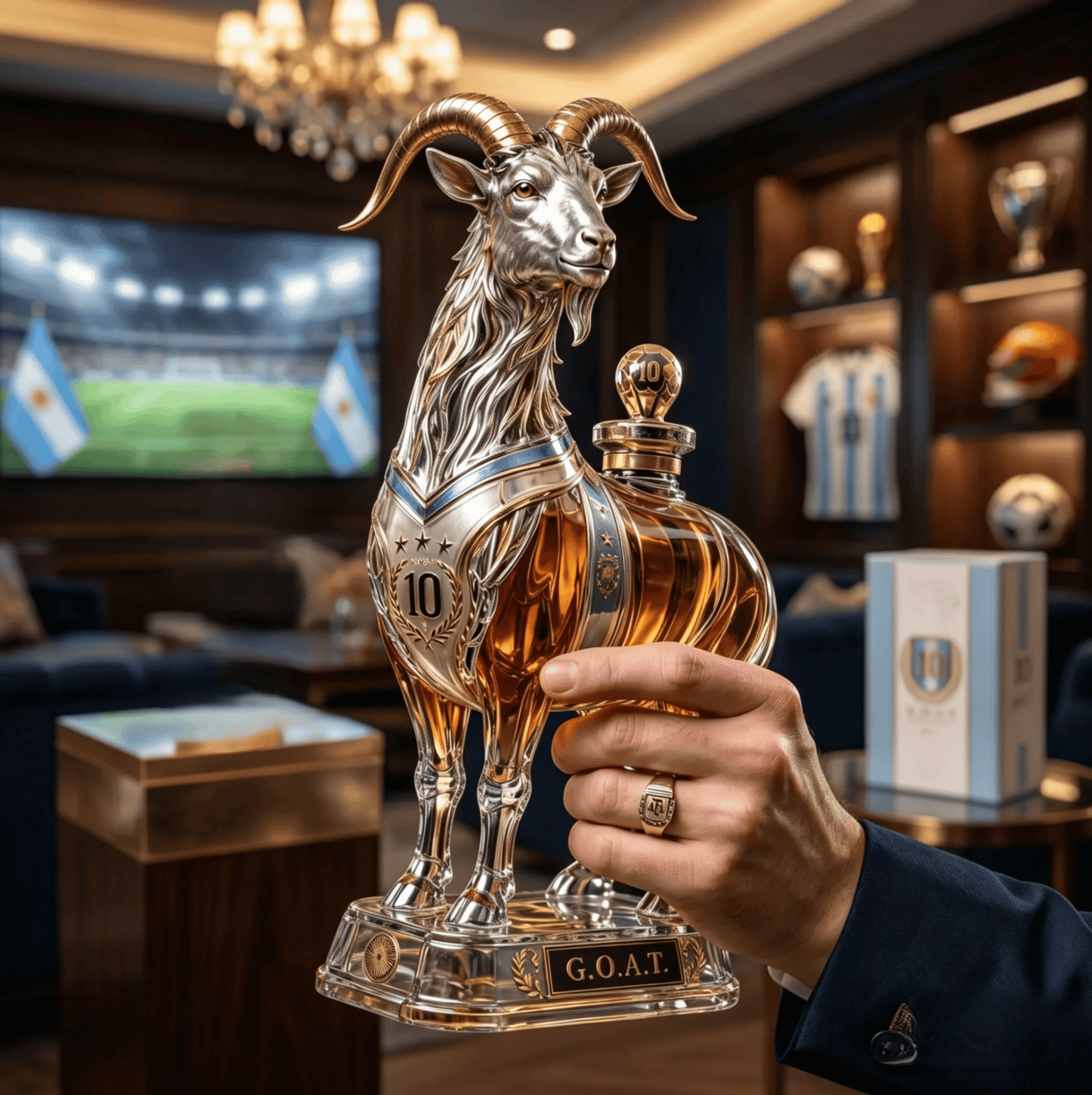 Number 10 Champion Goat Sculpted Crystal Whiskey Decanter Deluxe Gift Box, Iconic Football Legend Tribute Liquor Collectible