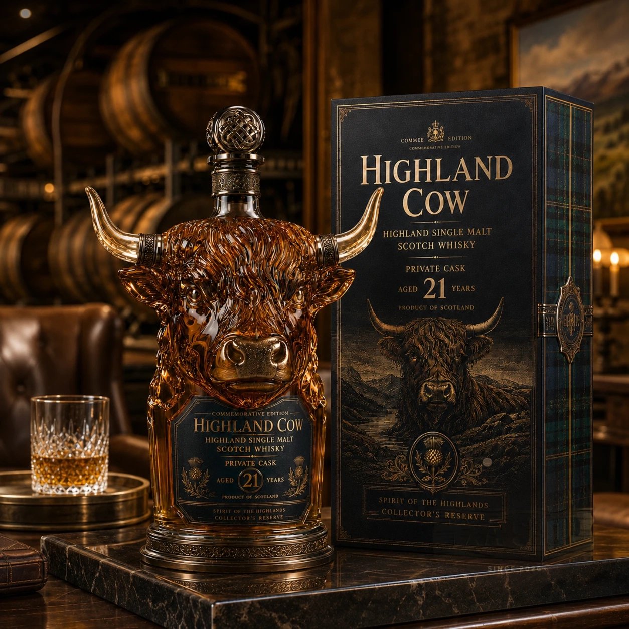 🎁Last Day 60% OFF🐮🥃Highland Cow Private Cask 21 Years Cow Head Shaped Scotch Whisky Bottle