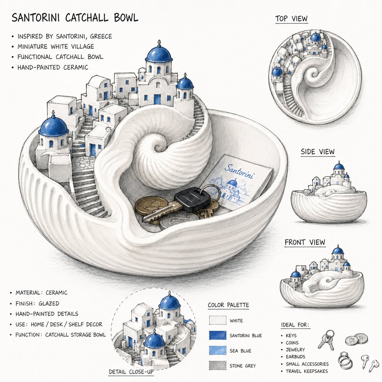 🔥Last Day 49% OFF 🌊 Hand-Painted Santorini Catchall Bowl | Limited Coastal Decor ✨
