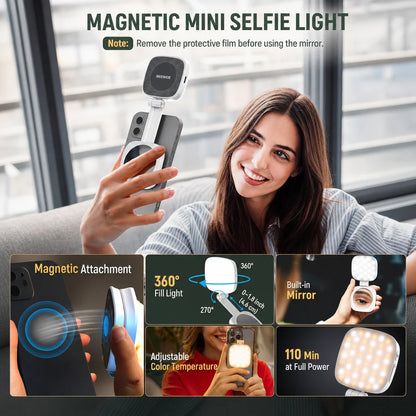 Magnetic Selfie Light for Phone with 5 CCT Settings and Mirror