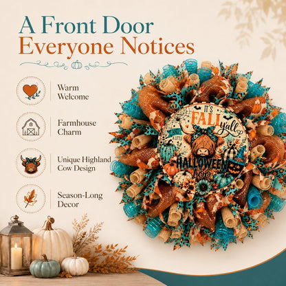 🐮🍂 Highland Cow Fall Halloween Wreath